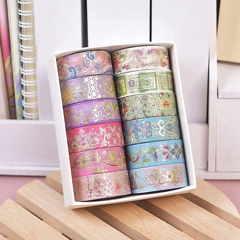 Set di nastri Washi con fiori in lamina d'oro, carta con nastro Washi floreale per diario, arti e artigianato fai-da-te