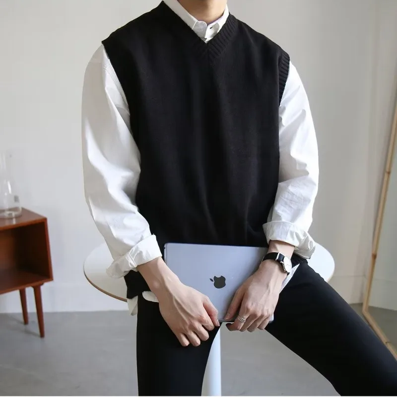 Black Sweater Vest Men Hot Sales Korean Style Chic Solid Autumn Basic Casual Sleeveless Knitwear V-neck Retro Loose High Street