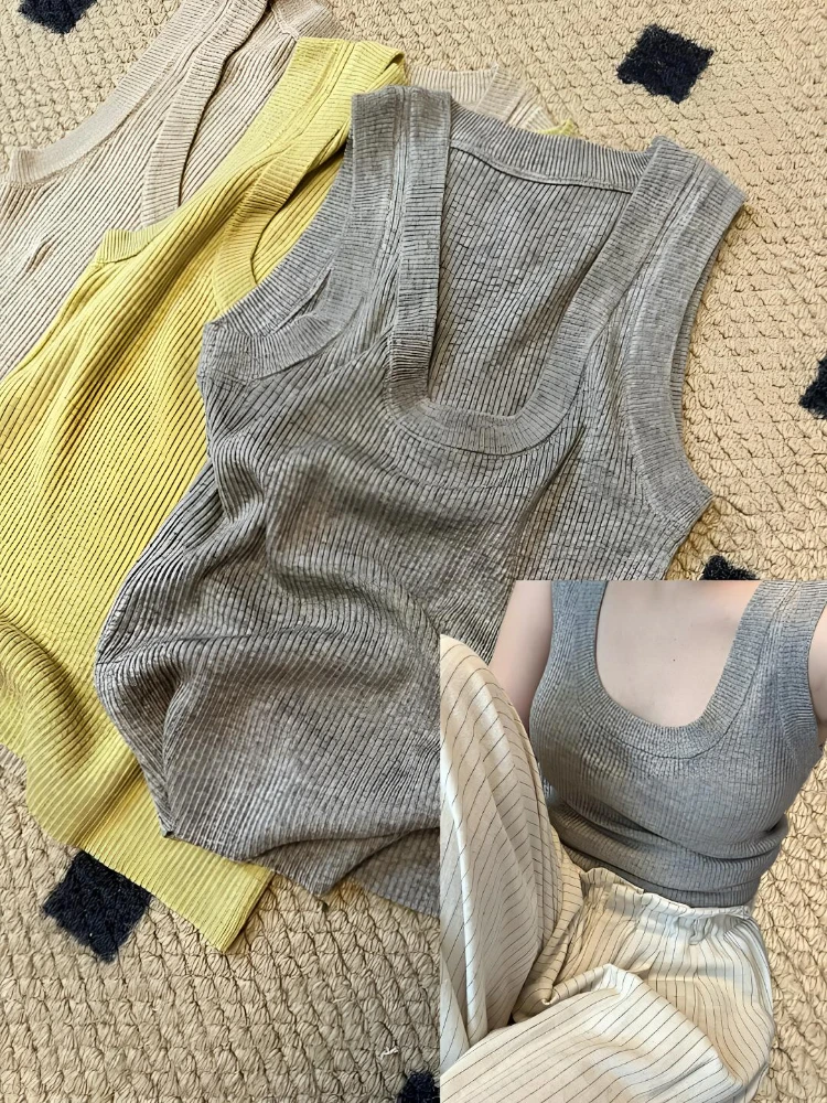 Slim Fit Soft Knitted Thin Vest Top Women's Casual Outerwear Breathable U-Neckline Polyester Fiber A-Grade Safety Regular Length