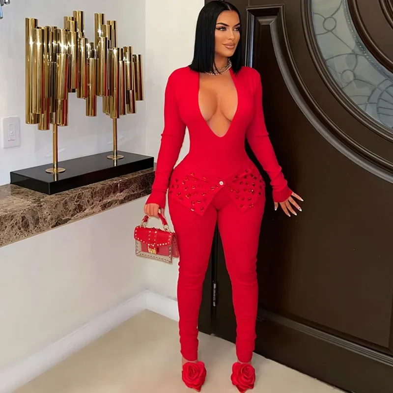 

Элегантный цельный комбинезон для вечеринки в ночном клубе, женские наряды на день рождения, облегающие комбинезоны и комбинезоны с глубоким v-образным вырезом и длинными рукавами с бриллиантами