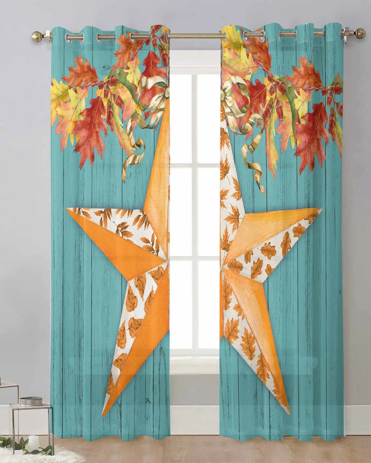 Autumn Wood Grain Orange Maple Leaf Pentagram Modern Tulle Curtains Voile Drapes Sheer Window Curtains Bedroom Accessories