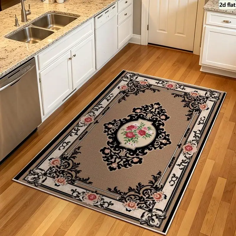 Carpet Flooring Brown Square Area Rug Vintage Rose Floral Medallion Black Scroll Border Floor Mat for Bedroom