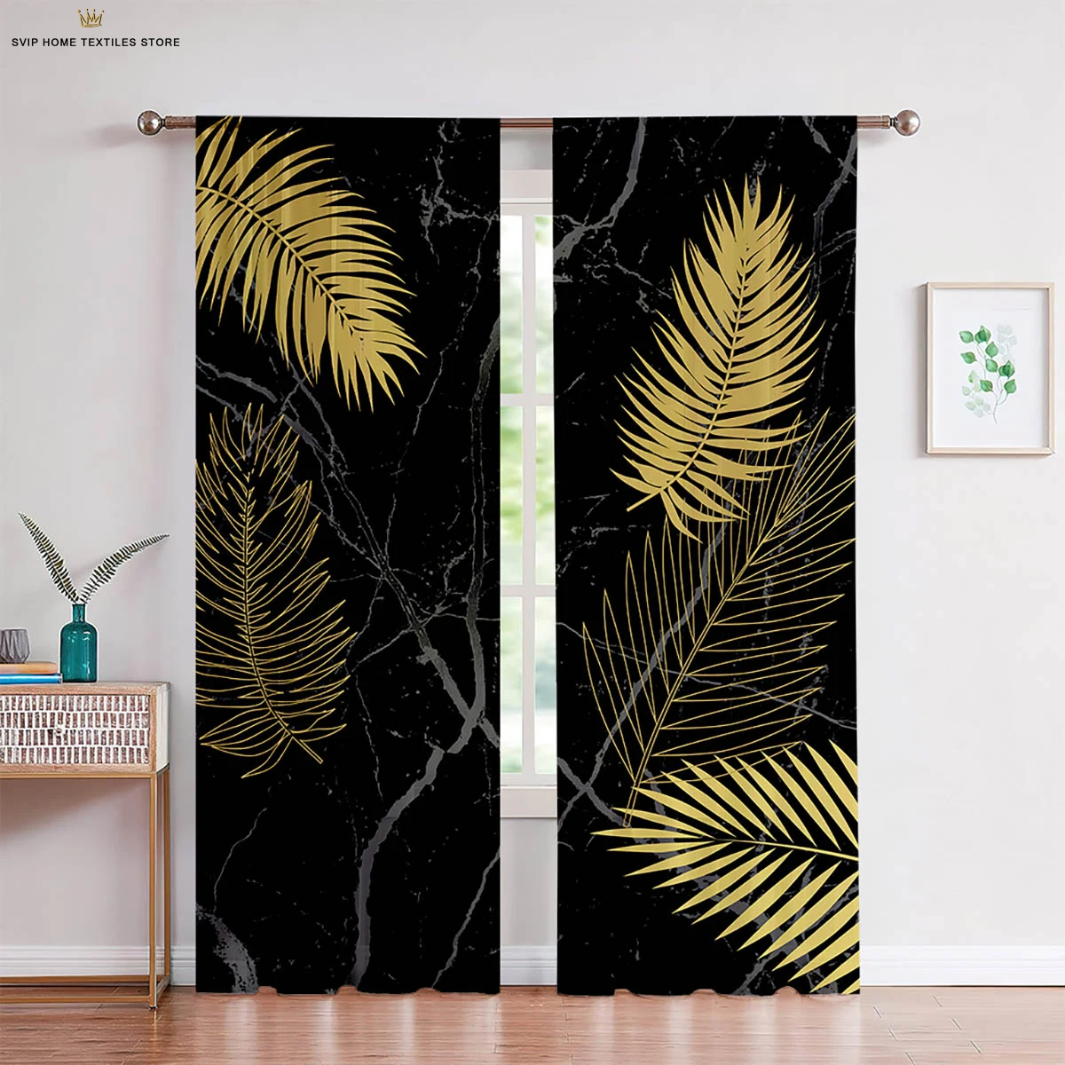 

Gold Leaves Tropical Vegetation Print Curtains, Machine Washable, Bedroom, Living Room, Kitchen, Decorative, 3, 2 Pcs