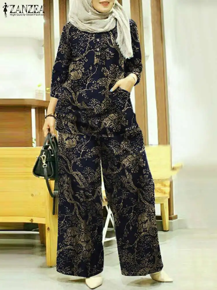 Vintage Printed Muslim Sets ZANZEA Women Floral Blouse Wide Leg Pant Sets Bohemain Urban Tracksuit Casual Outfits Two Piece Sets