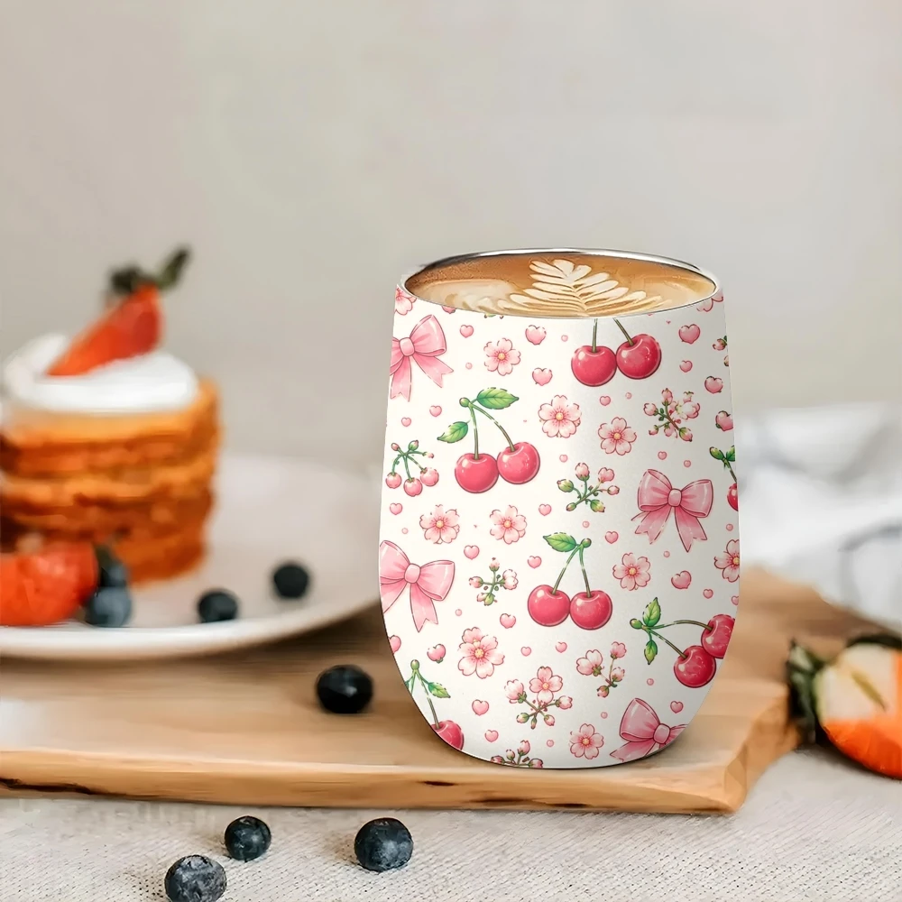 Cute Pink Fruits Bows Vacuum Flasks 12oz Eggshell Cup With Lid Portable Coffee Cups Travel Household Office Drinking Mug