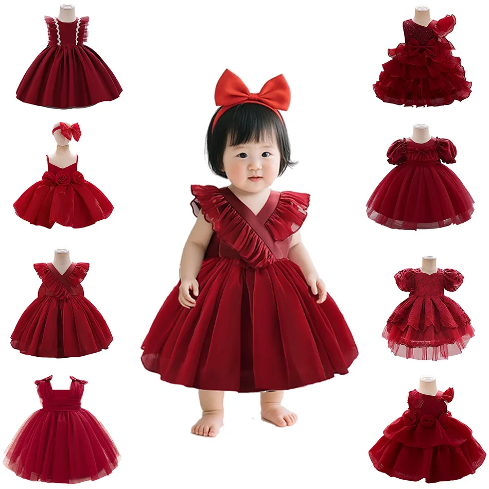

New Year Baby Red Dress Flower Children Wedding Solid Color Dress Bubble-sleeve Bowknot Girl First Birthday Party Gown