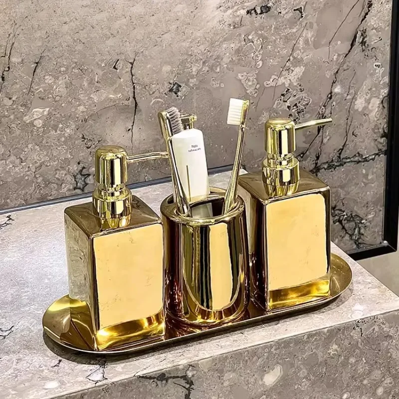 

Nordic Gold-plated Ceramic Lotion Bottle Toothbrush Cup Set Portable Soap Bottle Hotel Shampoo Dispenser Bathroom Accessories