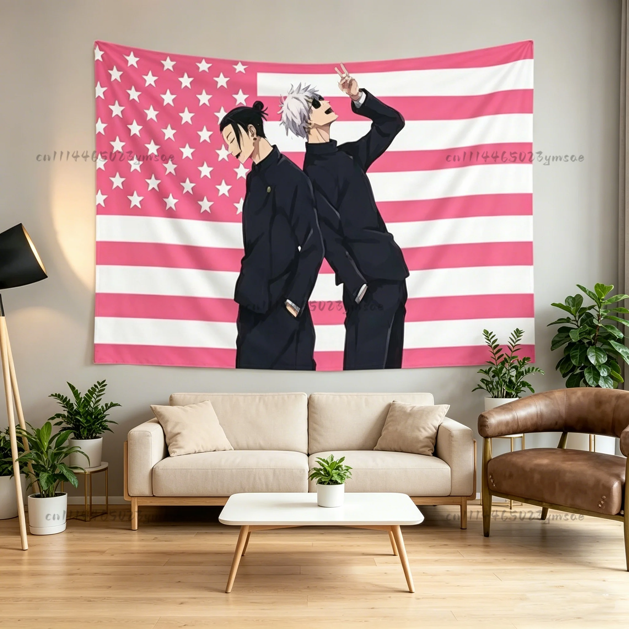 Anime-Poster Wandteppich Weißhaariger Mann Gojo Satoru Jujutsu Kaisen Rosa USA-Flaggen Wanddekoration Lustige Wandteppiche Wandbehang Raumdekoration
