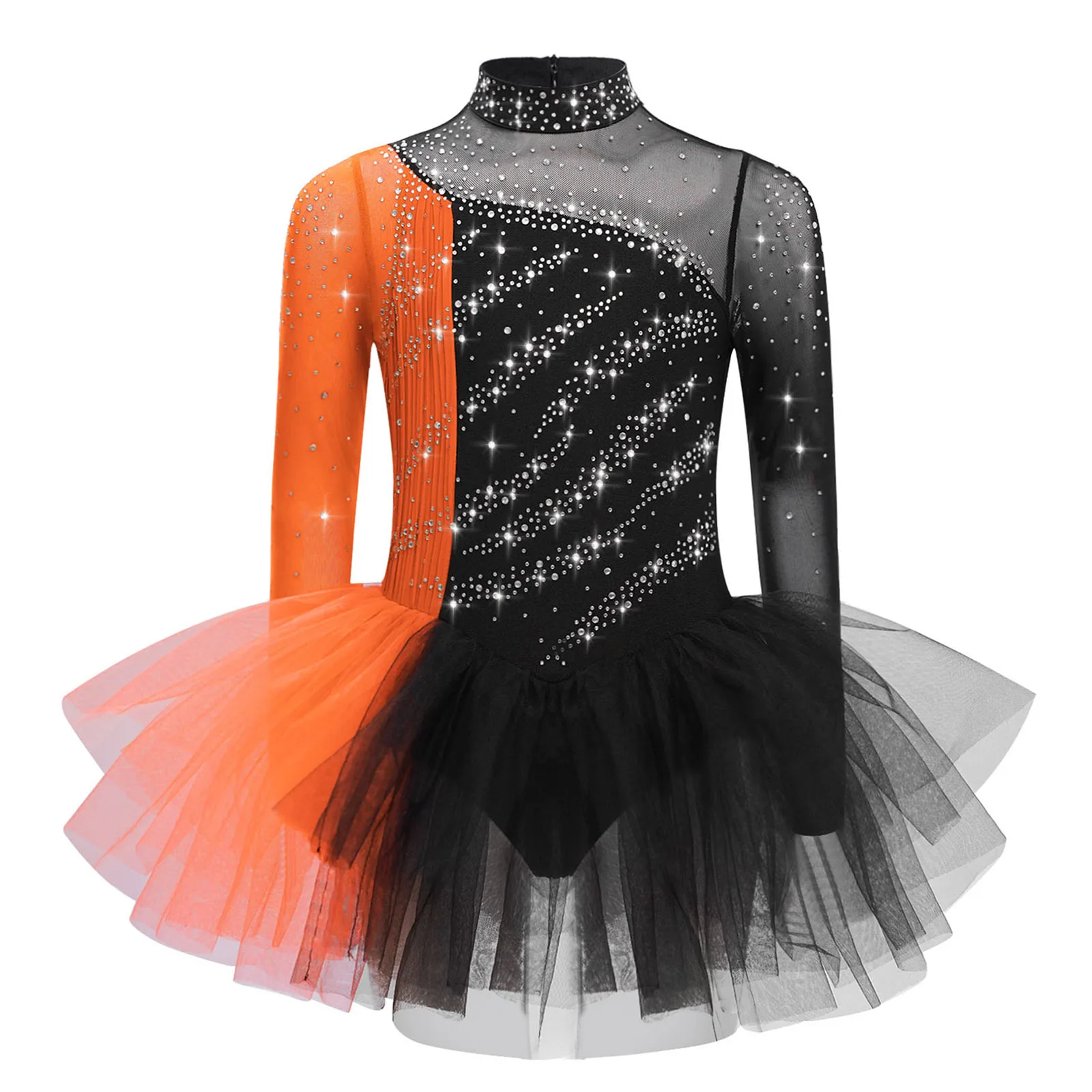 

Kids Girls Figure Ice Skating Dance Dress Stage Performance Costume Long Sleeves Sparkling Rhinestones Color Block Ballet Dress