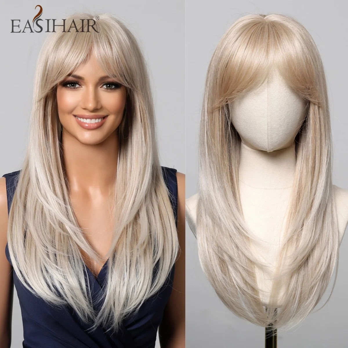 

EASIHAIR Long Straight Ash Blonde Synthetic Wig with Bangs for Women Layered Fake Hair Cosplay Party Daily Wigs Heat Resistant