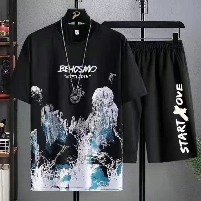 2024 Summer leisure Men set Manga Graffiti Tees T-shirt+shorts 2-piece Comfortable and breathable for men Top Print Tshirts sets