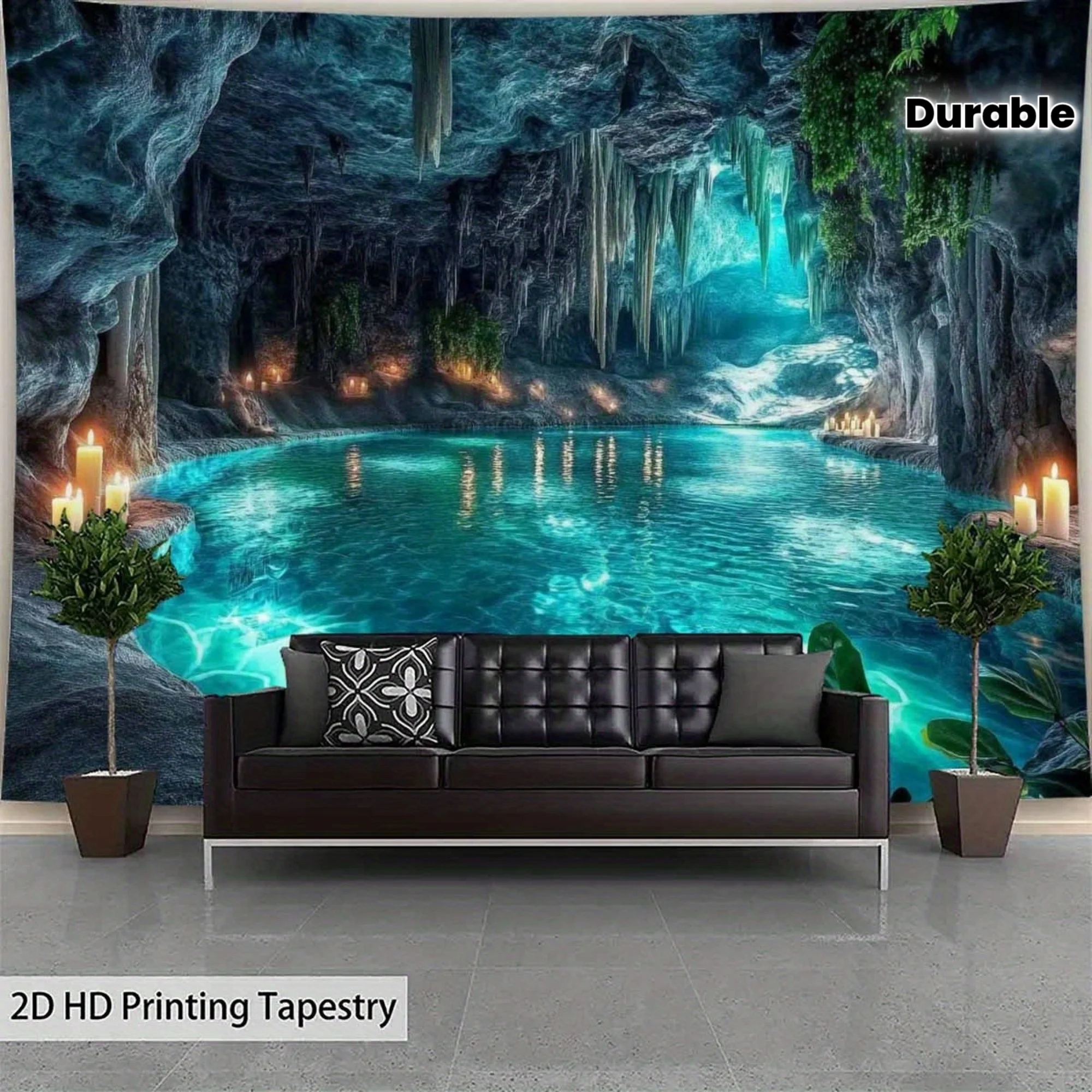 Mystical Cave Lake Tapestry, Crystal Cavern with Candles Print Wall Hanging for Bedroom Living Room Aesthetic Home Decor
