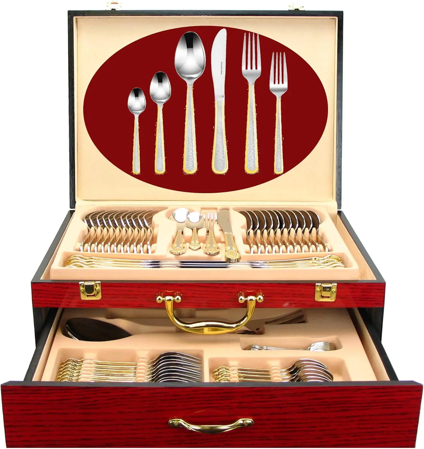 75-Pc Luxury Flatware Set For 12 W/Storage Case 24K Gold Premium Dining Cutlery Service - 18/10 Surgical Stainless Steel