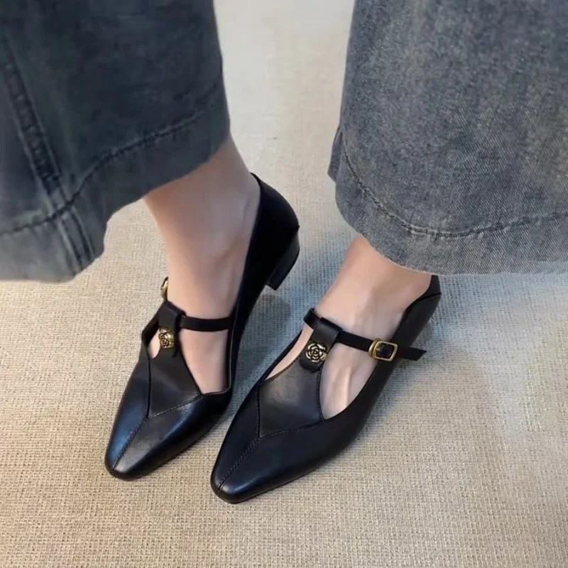 Ladies Black Leather Mary Jane Flats with Metal Rose T-Strap Slip On Casual Ballet Shoes Women's Comfortable Flats