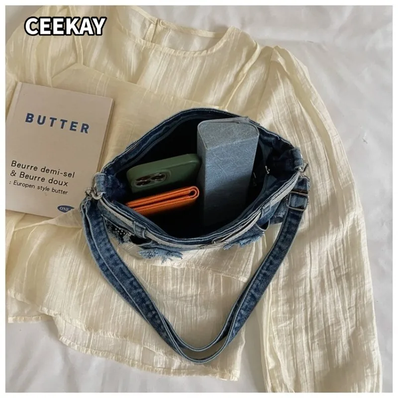 CEEKAY Women's Washed Denim Large Capacity Shoulder Bag with Flower Patch Detail Versatile Everyday Commute Casual Chic Style
