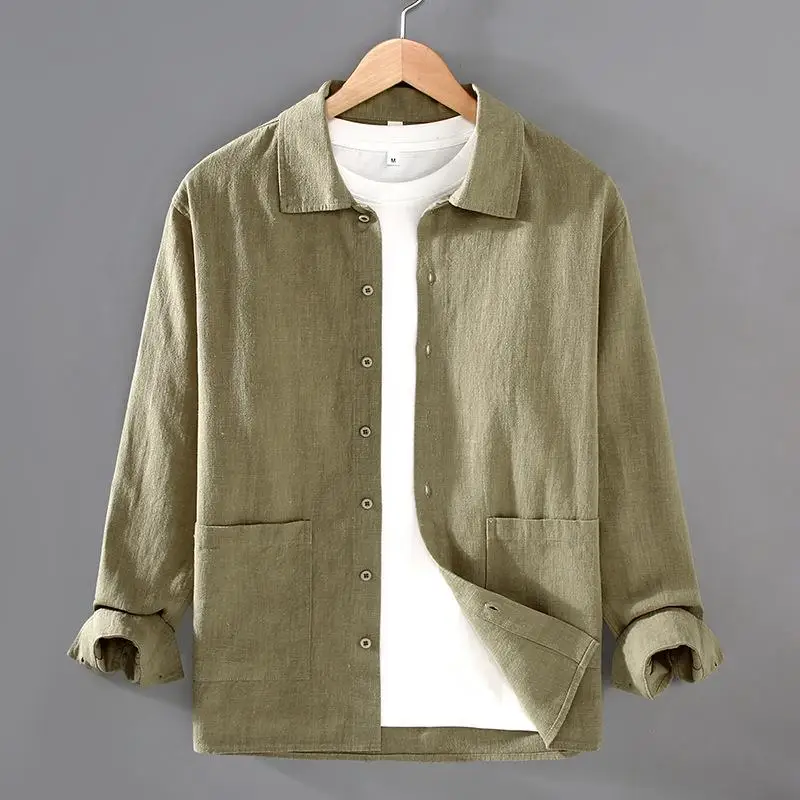 

Men's Long Sleeve Cotton Linen Shirt Casual Washed Pocket Design Versatile Inner Wear Classic Color Non-Shrinking