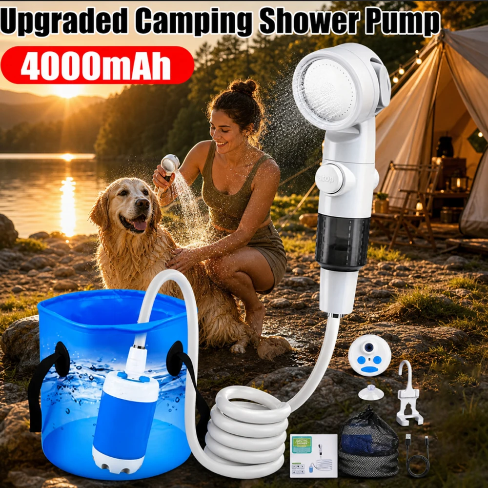 Pompe de douche portable améliorée pour le camping, rechargeable 4000 mAh, affichage numérique, douche électrique pour la plage et le dortoir avec tuyau et crochet