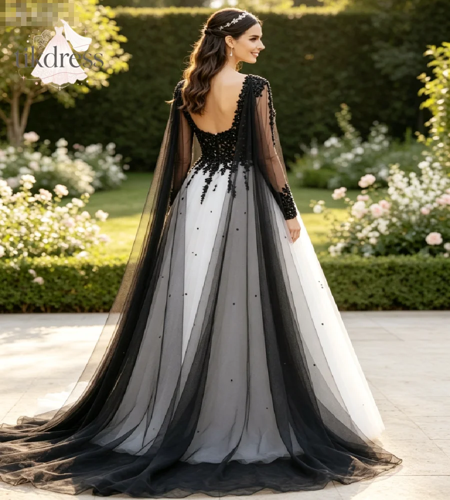 Black And White Gothic Wedding Dress Cape Sleeve V Neck Vintage Beaded Lace Bridal Gowns Alternative Halloween Garden Customized