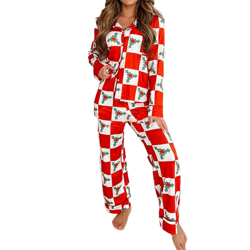 

Women Christmas Pajamas Lounge Set Checkerboard Candy Cane Print Long Sleeve Shirts Tops and Pants 2 Piece Loungewear Outfits