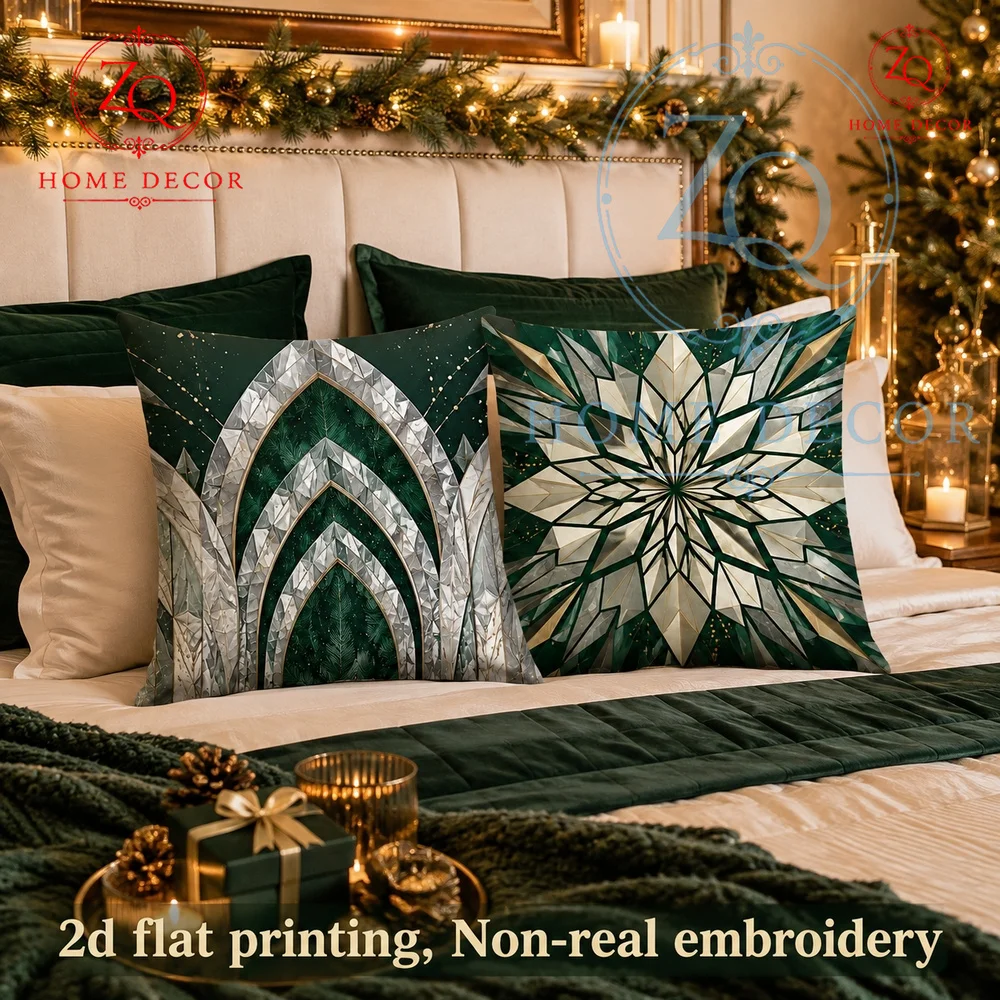 Luxury Emerald Green Christmas Throw Pillow Covers Gothic Arch  Stained Glass Snowflake Decor Holiday Couch Living Room