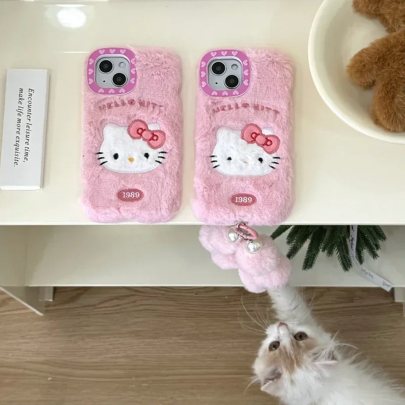 Cute Cartoon Sanrio Hello Kitty Furry Plush Soft Phone Case For iPhone 16 15 14 13 12 11 Pro Max Winter Warm Cover With Lanyard