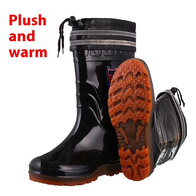 Velvet insulated high top rain boots men with reflective strips winter labor protection triple waterproof shoes waders fishing