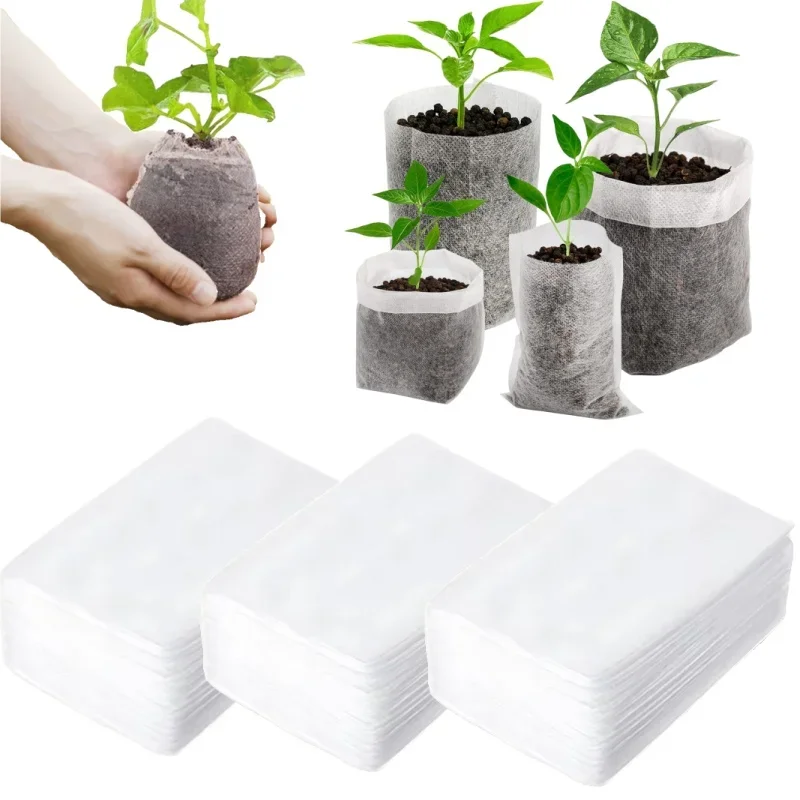 100PCS/Bag Biodegradable Nursery Bag Non-woven Fabric Plant Seeding Grow Bags Garden Seedling Growing Planter Sow Flower Pots
