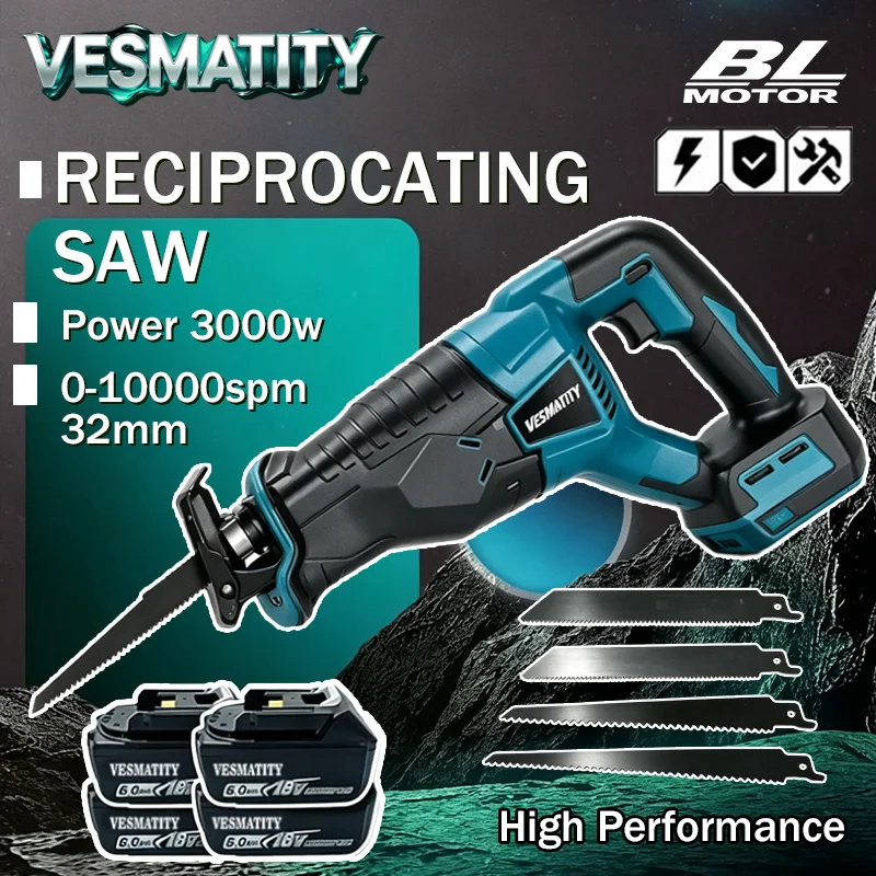 Cordless brushless reciprocating saw with 4 blades kit for wood metal pipe cutting portable tool for Makita 18V battery