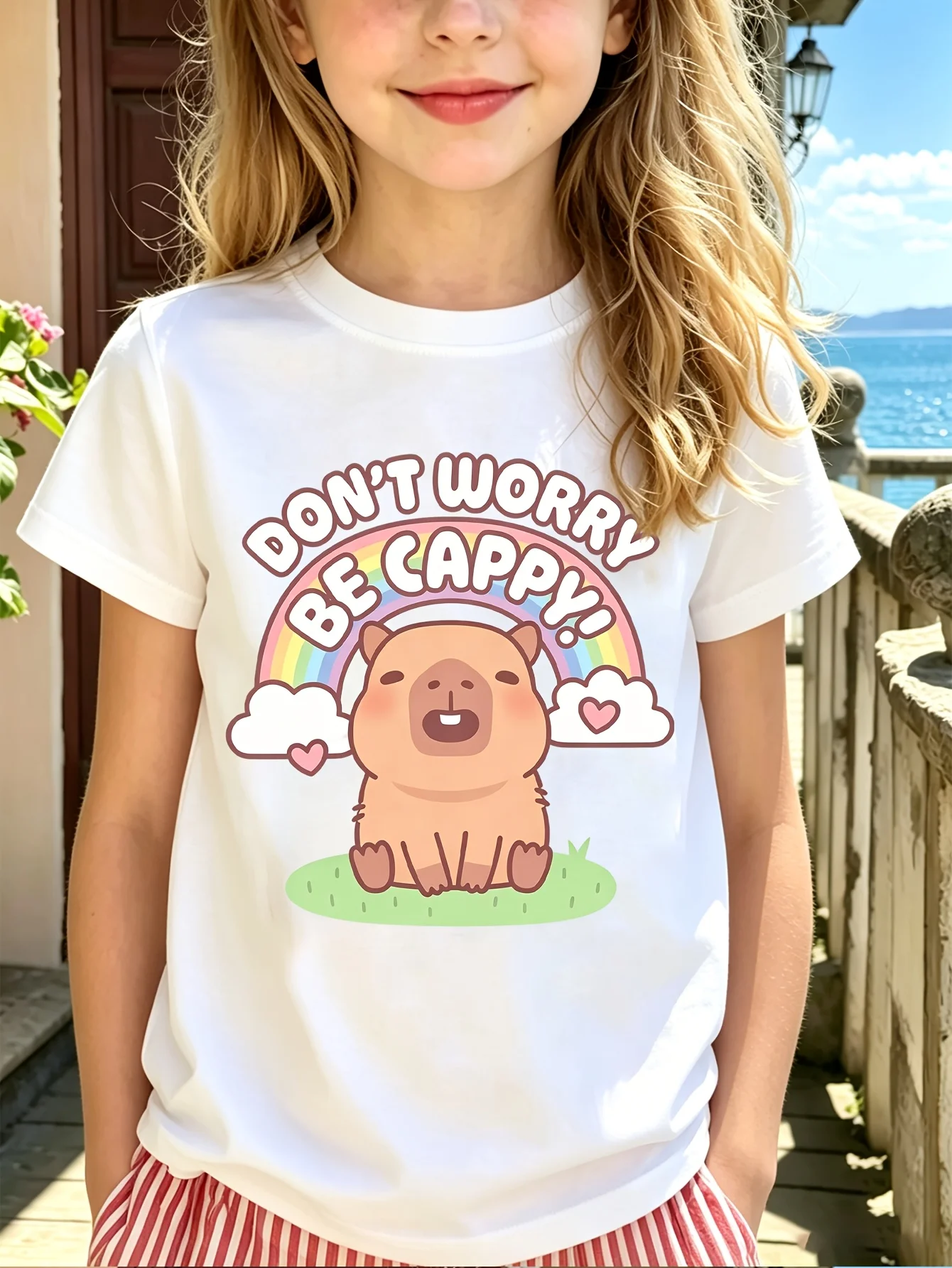 Rainbow Capybara Kid Tee Cute Cartoon Animal Letter Graphic Print Boys Girls Family Matching Cotton Short Sleeve Children Tshirt