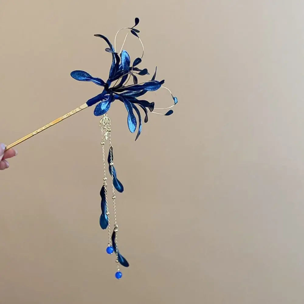 Chinese Style Spider Lily Flower Hair Sticks Super Fairy Wedding Dripping Oil Tassel Hairpins Vintage Hanfu Chopsticks