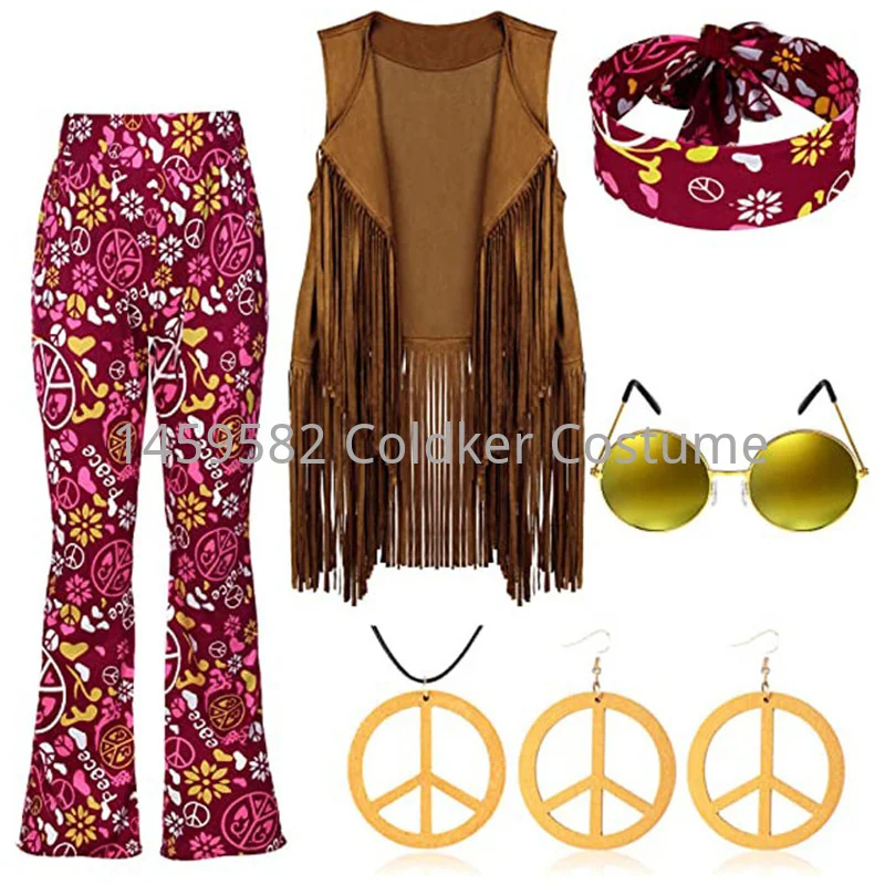 Disfraz Hippie de la paz para mujer, ropa de escenario Hippie de los años 60 y 70, borlas indias, accesorios de actuación