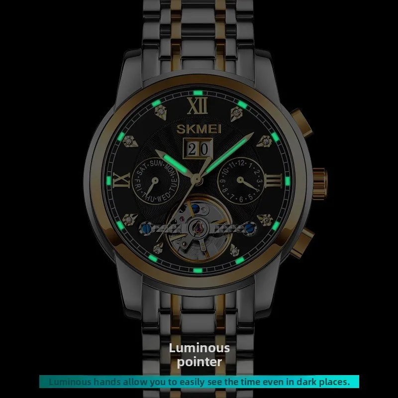 Luminous Automatic Skeleton Watch for Men Solid Stainless Steel, Business Style Spiral crown