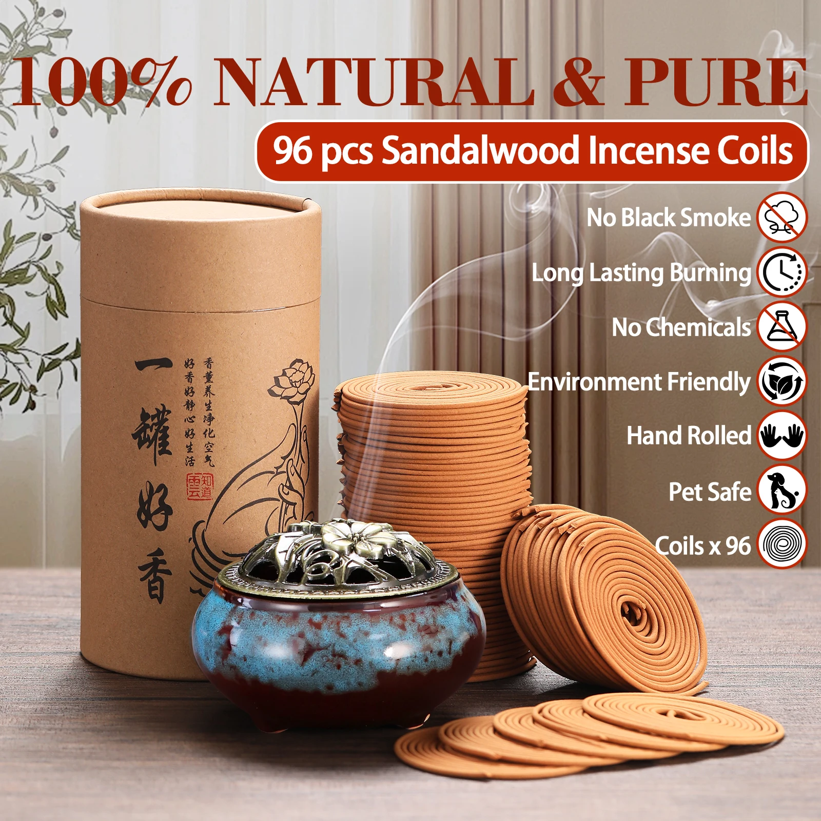 96pcs Incense Coils, Natural Scent Coils with Porcelain Holder, Handmade Coils Incense No Chemicals, Long Burn Time for 4 hours