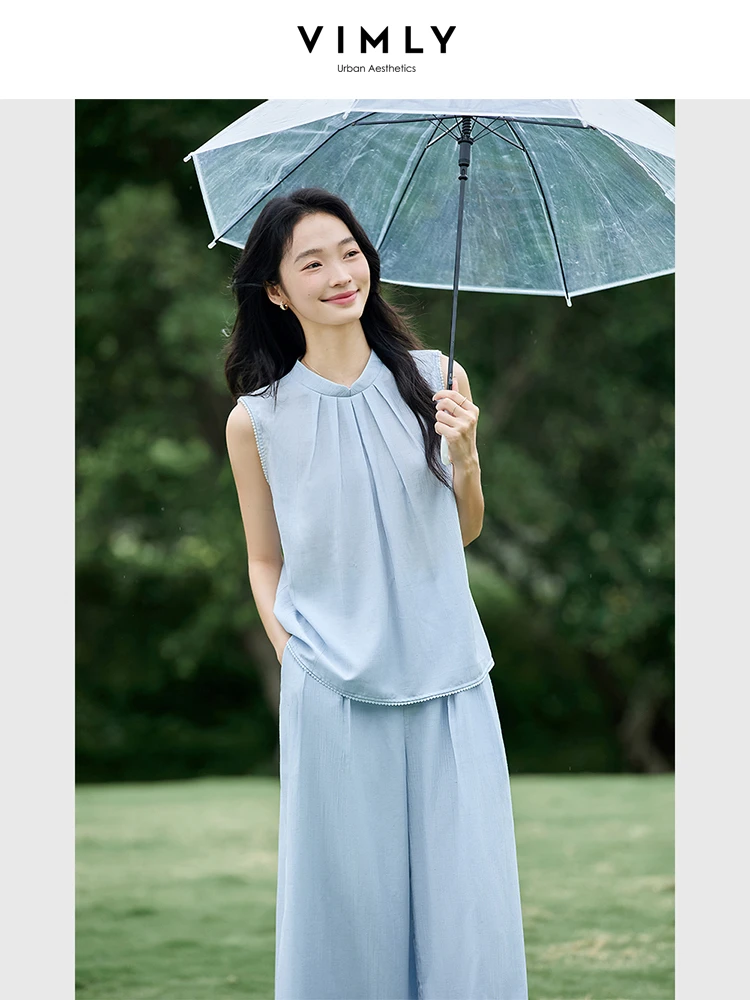 

VIMLY Blue 2 Piece Set Chinese Style Women's Summer 2025 Ladies Draped Lace Cuffs Sleeveless Top Long Trouser Woman Sets A1933