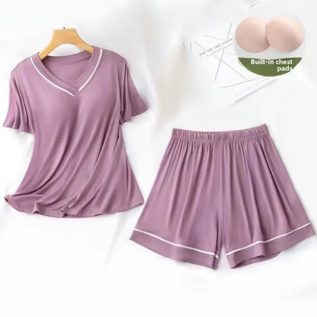 Summer Women's Sleepwear Set with Chest Pad V-Neck Short Sleeve Short Pants Comfortable Simple Home Clothes Polyester Fiber