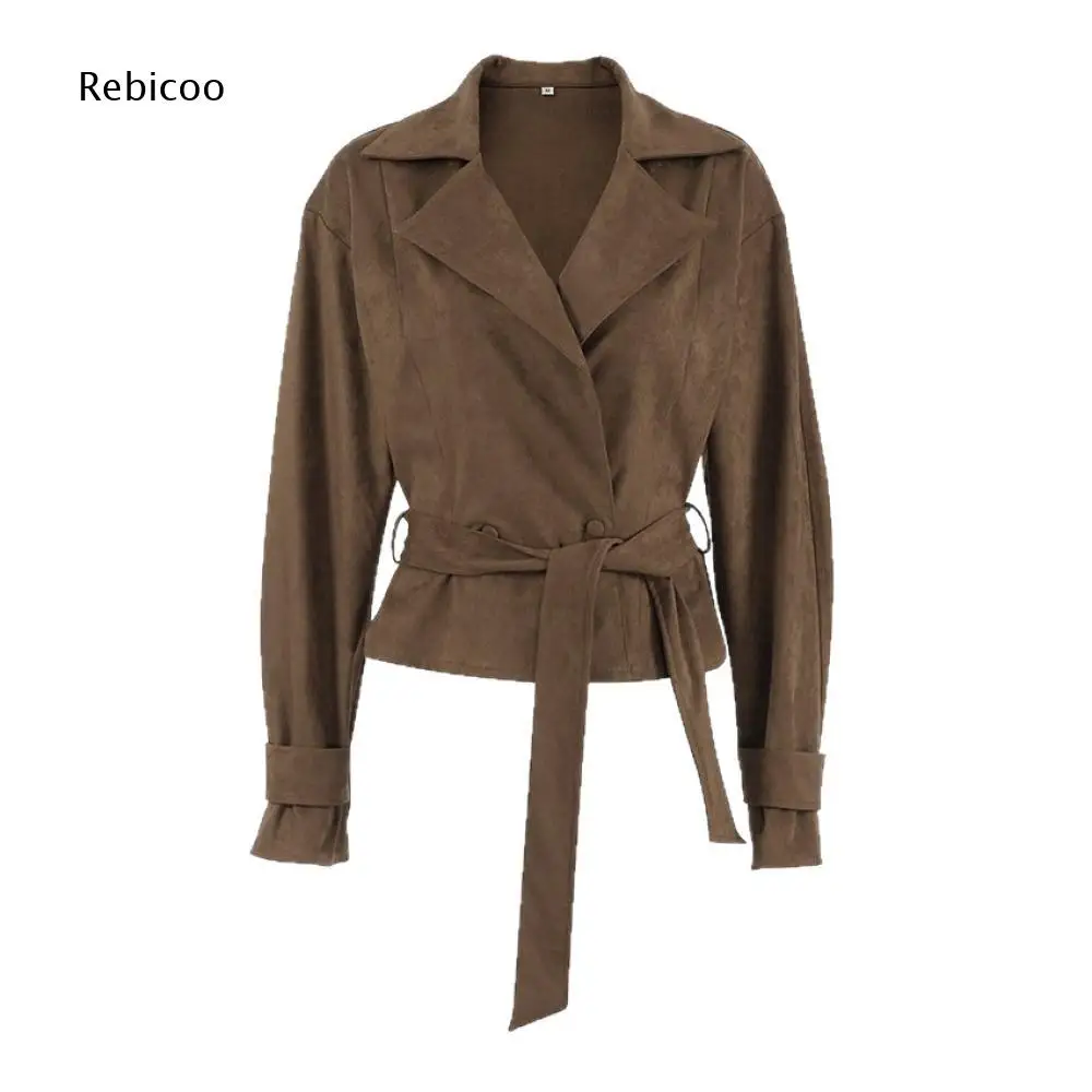 Self Tie Belt Wrap Front Jacket For Women Notched Lapel Collar Long Sleeve Cuff Details Outer Coat For Going Out And Daily Wear