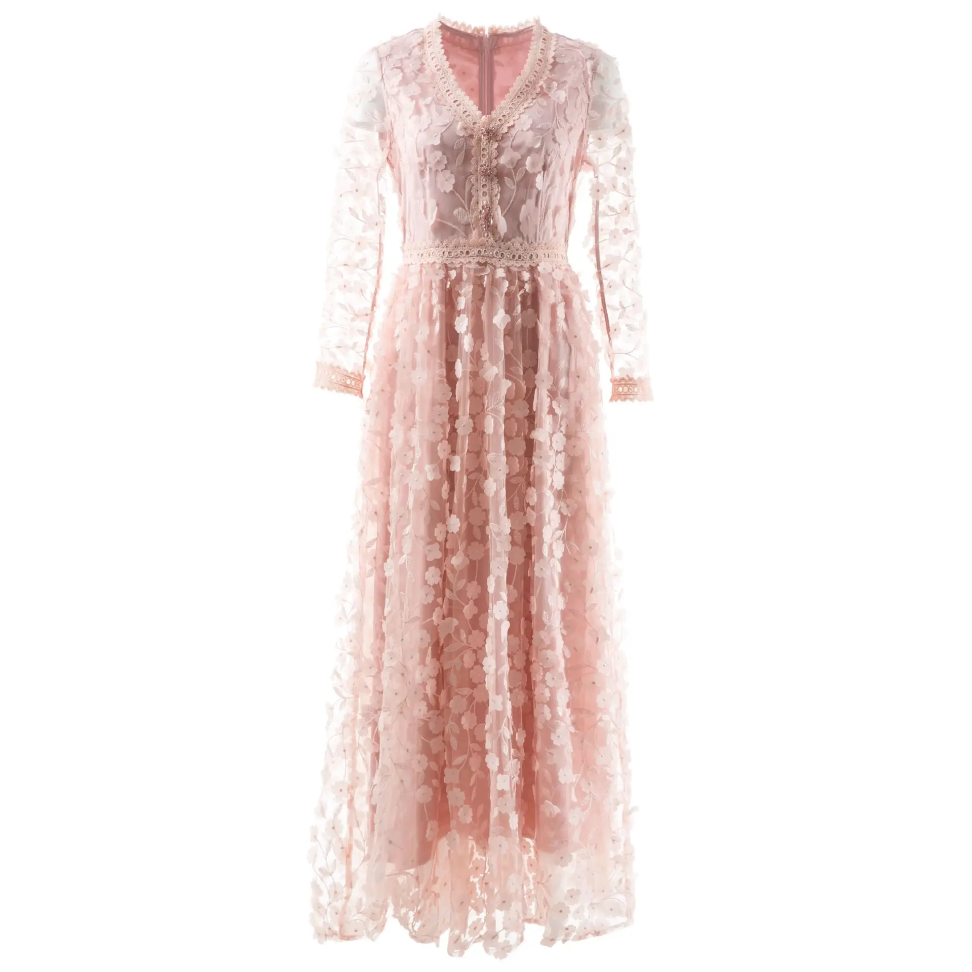 فستان ماكسي نسائي بأكمام طويلة من الدانتيل الوردي مع رقبة على شكل حرف V، فستان سهرة من التول مزين بالزهور ثلاثي الأبعاد، فساتين رسمية للأميرة الحلوة #6