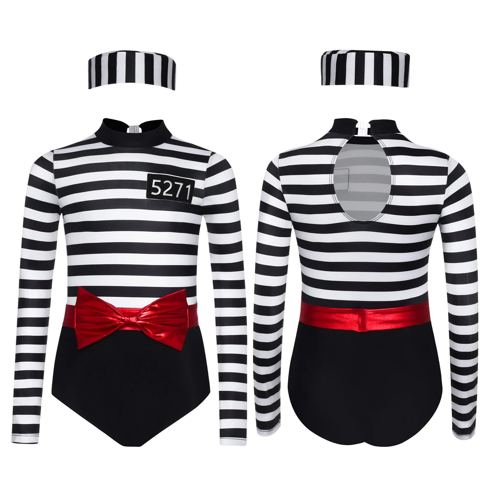 

Girls 3 Piece Prisoner Stripes Costume Set Long Sleeve Jumpsuit+Detachable Bow Waist Belt+Convict Cap Outfit for Halloween Party