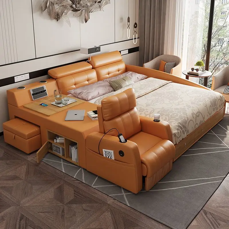 Multifunctional electric smart, leather bed, master bedroom modern and simple, sofa bed c