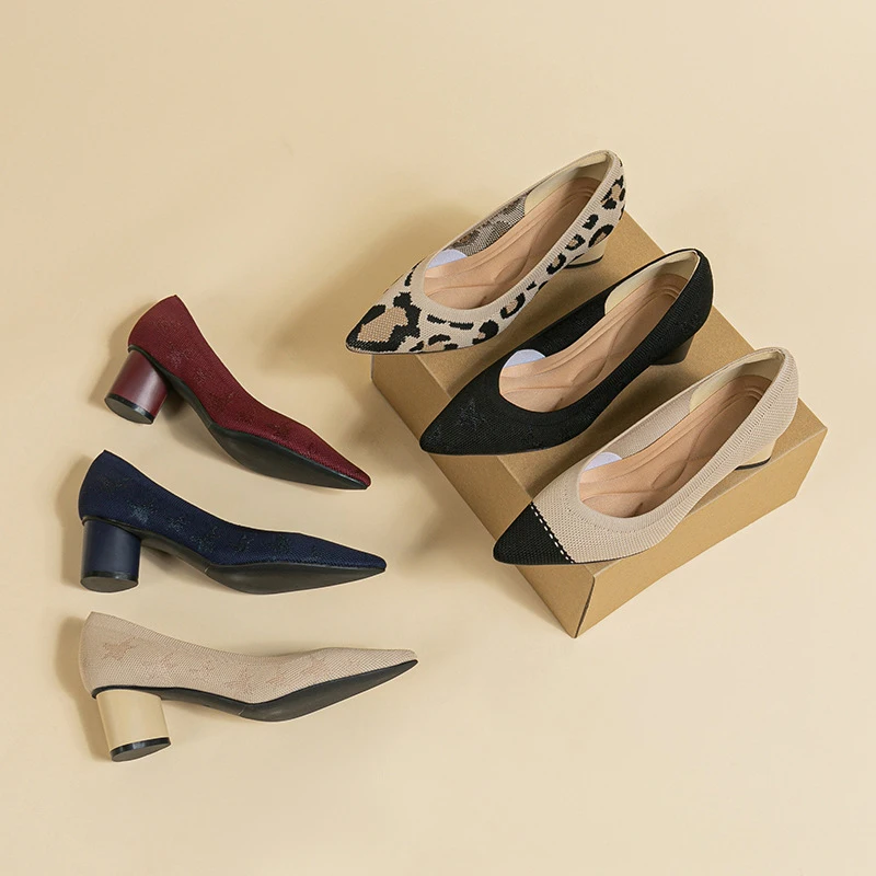 

Season's Pointed Toe Thick Heeled 5cm Casual Large Sized Leopard Print Small Style Five Pointed Star Retro Single Shoses
