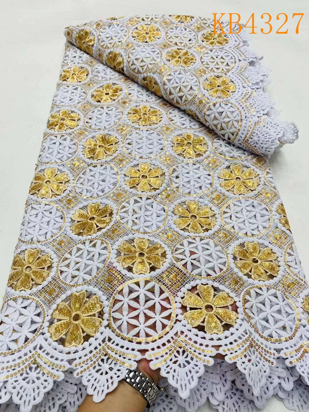 Nigeria Cord Lace with Sequin Embroidered Austria Cotton Novelty 2023 White and Gold Cotton Guipure Lace Fabric For Cloth KB3268