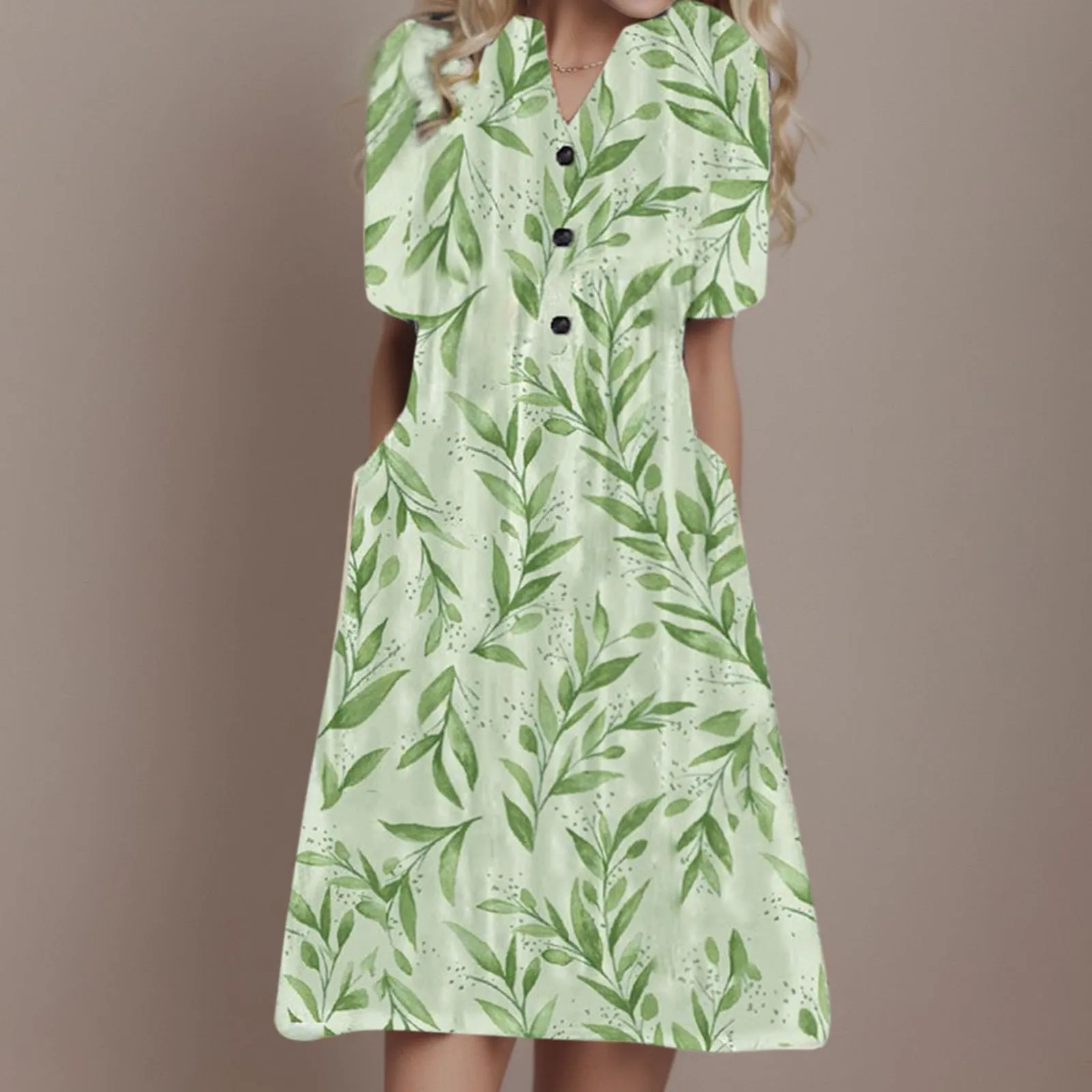 

Summer Women Chic Dress 2024 New Elegant Green Printed Lapel Button Dress Casual V Neck Short Sleeve Mid Length Dresses Sundress