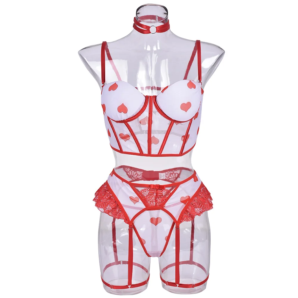 Sexy seduction lingerie three-piece set of heavy-duty fishbone steel bracket body contrast color sling pajamas