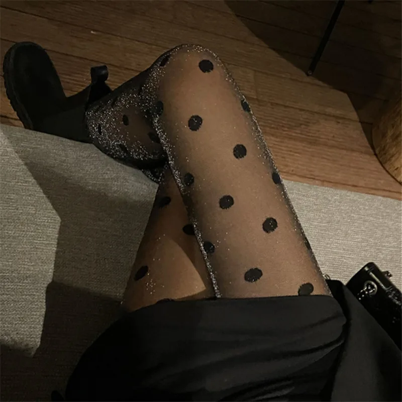 

Polka Dots Sparkling Tights Women Pearlescent Silver Thread Black Socks Woman Thin Transparent Medias JK Club Stockings Women