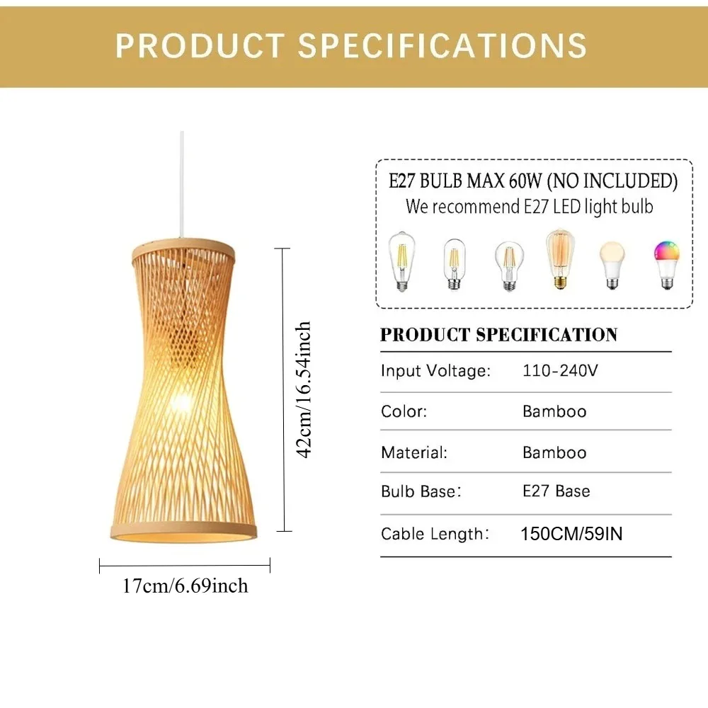 JOYINLED 17CM E27 Chandelier Hanging Lamp Handmade Lighting Fixture Home Decor Lamp Japanese Style Bamboo Pendant Lamp Shade
