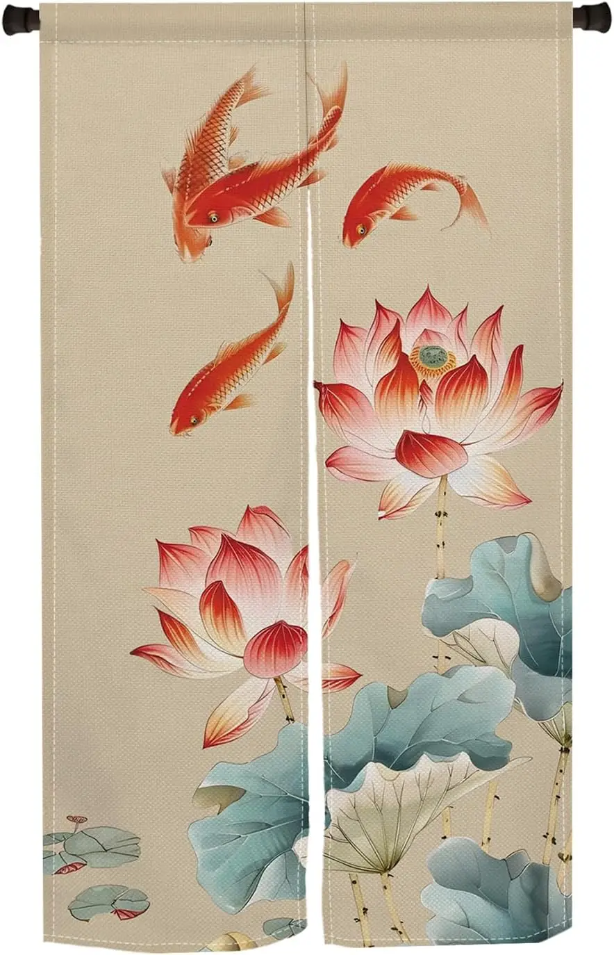Traditional Chinese Koi Art Door Curtain, Beige Background Koi Fish & Lotus Print, Japanese Noren Curtain for Auspicious Home