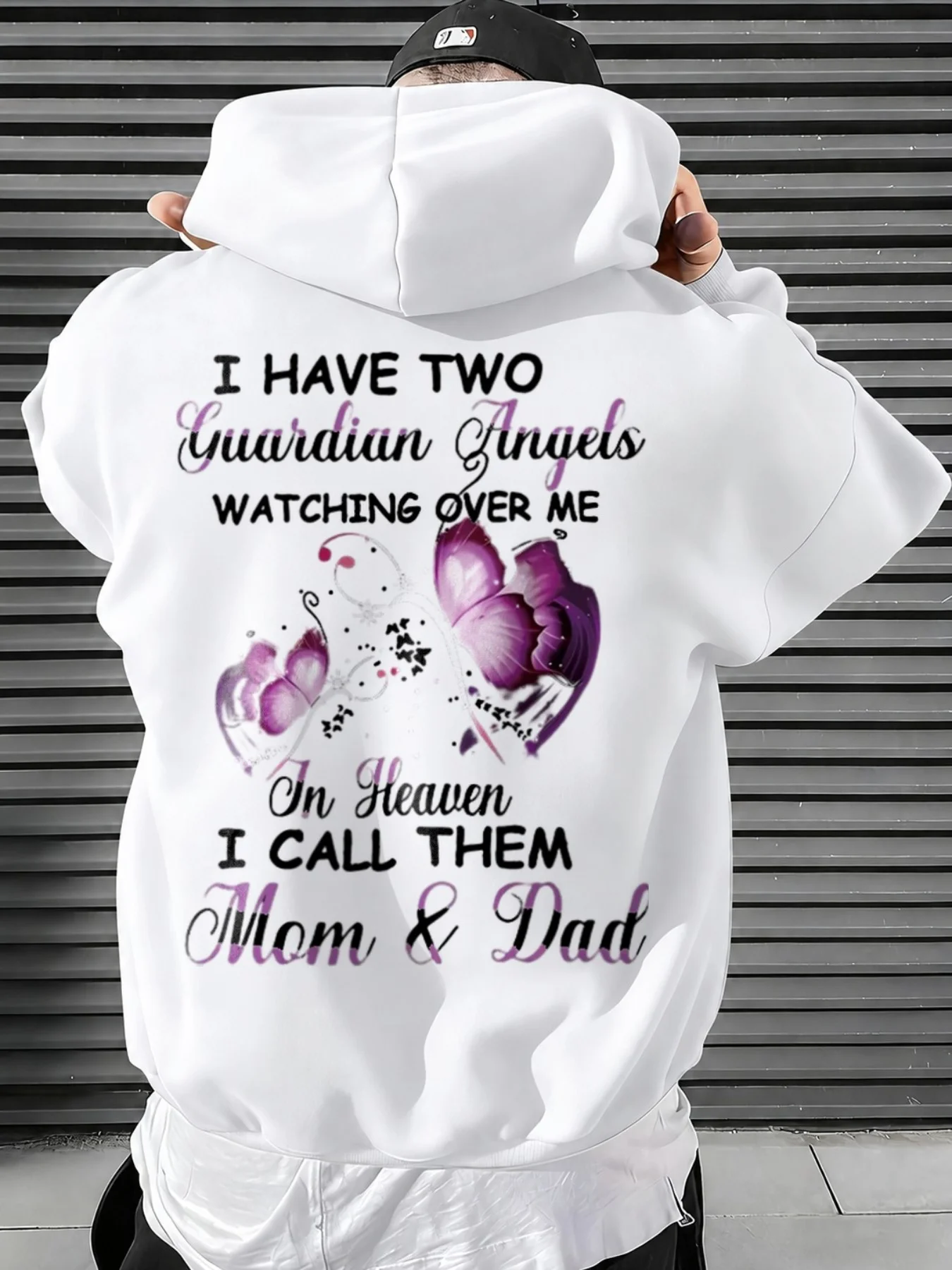 Funny Memorial Style, Men'S Hoodie, I Have Two Guardian Angels Mom And Dad in Heaven Butterfly Design, Everyday Wear Fall Winter, Gift for Son Daughter Missing Parents