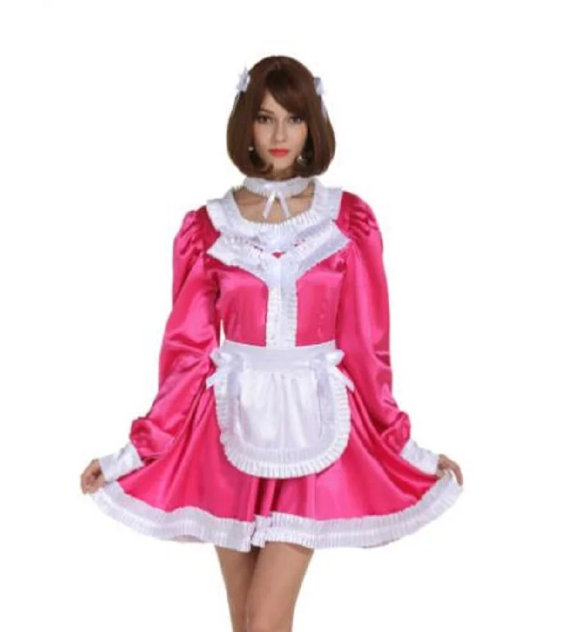 

Sissy Girl Maid Lockable Red Pleated Apron Bow Belt Crossdresser Party Daily Unisex Dress Satin Dress Customization