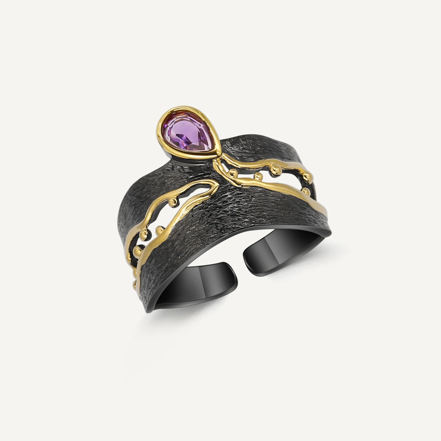 GEM'S BALLET 925 Silver Handmade Golden Bead Honey Raindrop Triangle Ring Natural Amethyst Adjustable Hollow out Ring for Woman