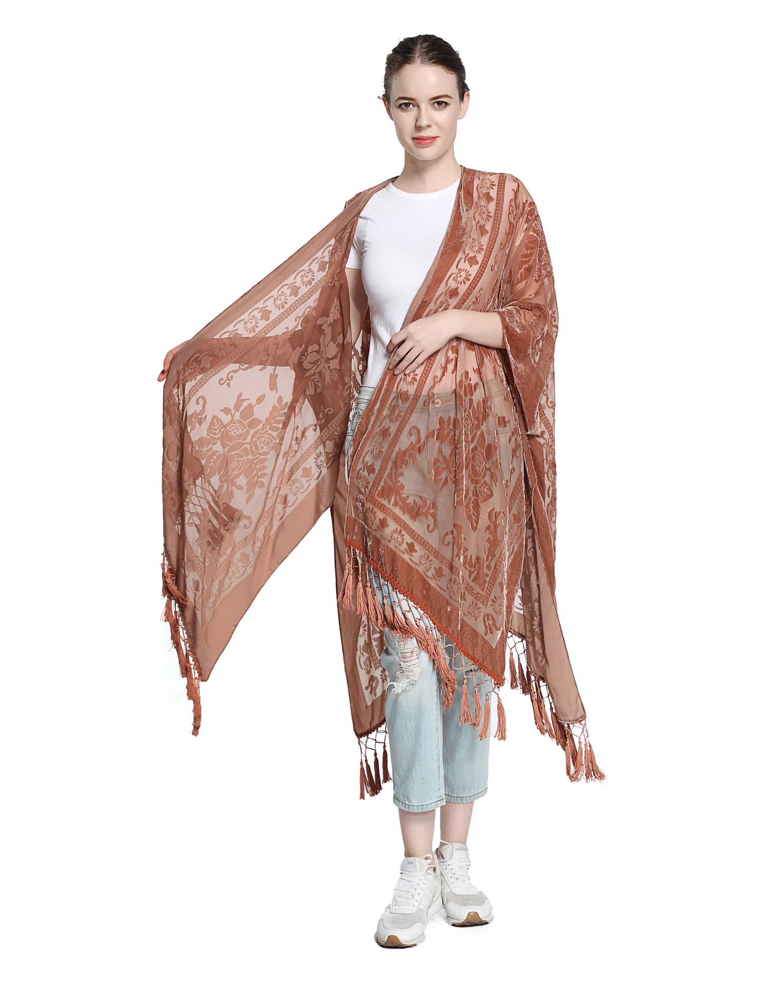 WeHello Bohemian Women's Burnout Velvet Kimono long cardigan with tassel beach cover-up luxury Holiday Casual Cardigan Shawl